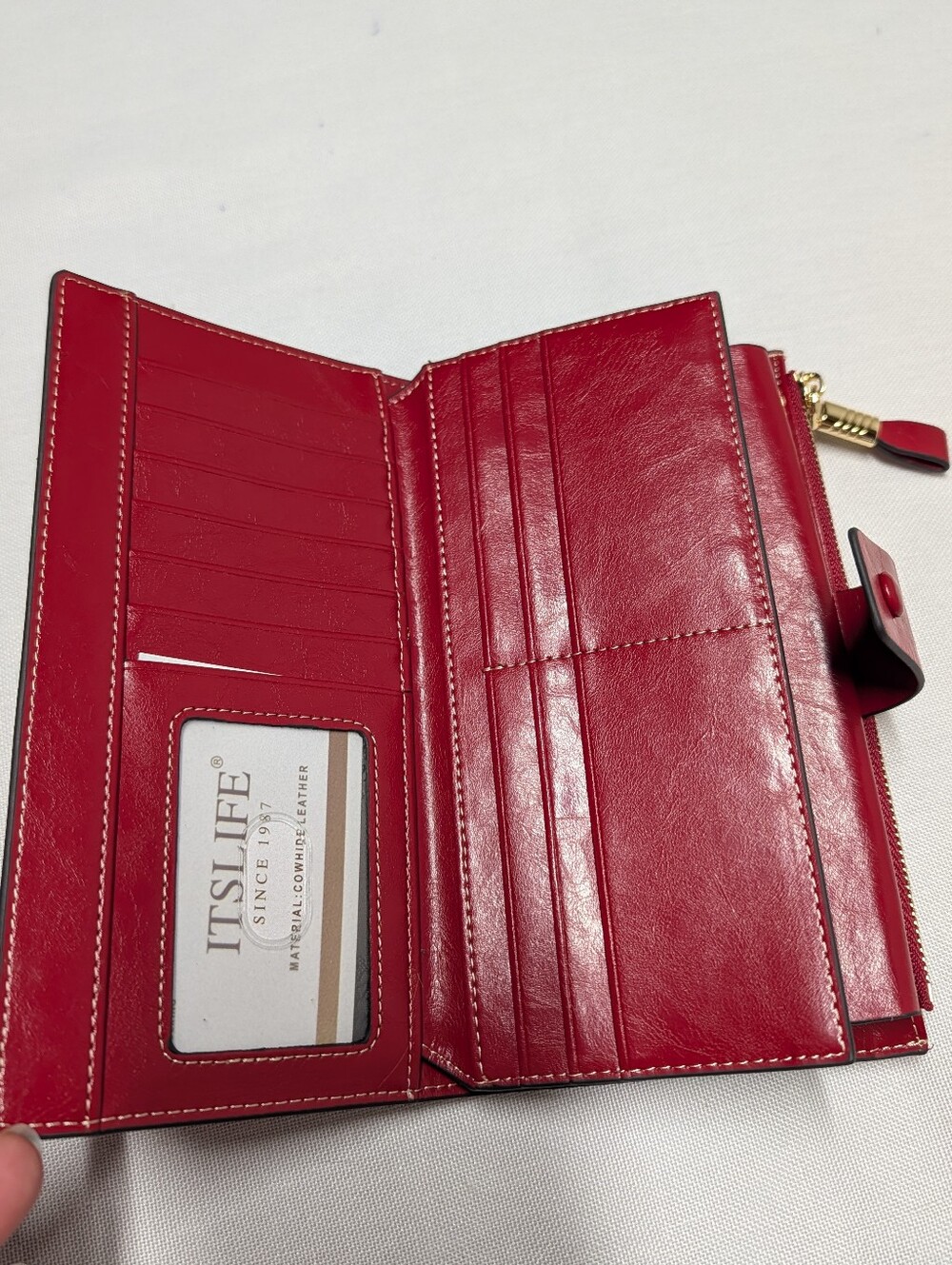 ITSLIFE Red Cowhide Leather Long Wallet Women's New in Box Gold Zip Snap Closure - Picture 6 of 10